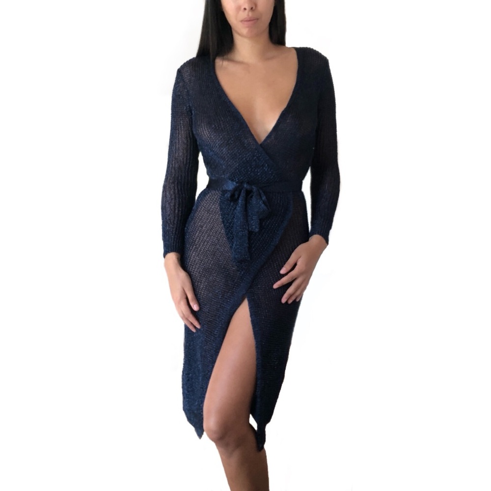 Navy Knit Midi Wrap Sweater Dress